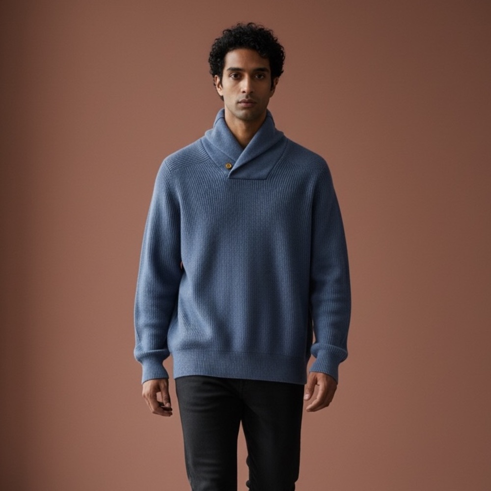 Club Monaco Blue Cotton Cashmere Mens XS Button Cowl Neck Sweater